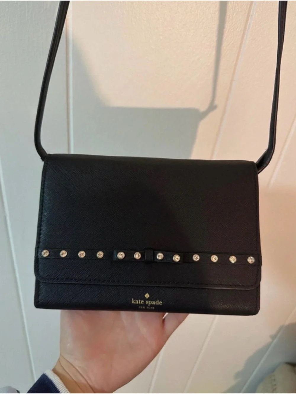 kate spade Black Saffiano Leather Crossbody with Studded Bow Detail